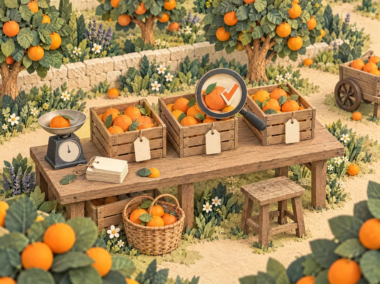 A cut-paper packing table where each crate of oranges gets a label, with a scale and a magnifying glass showing a check mark