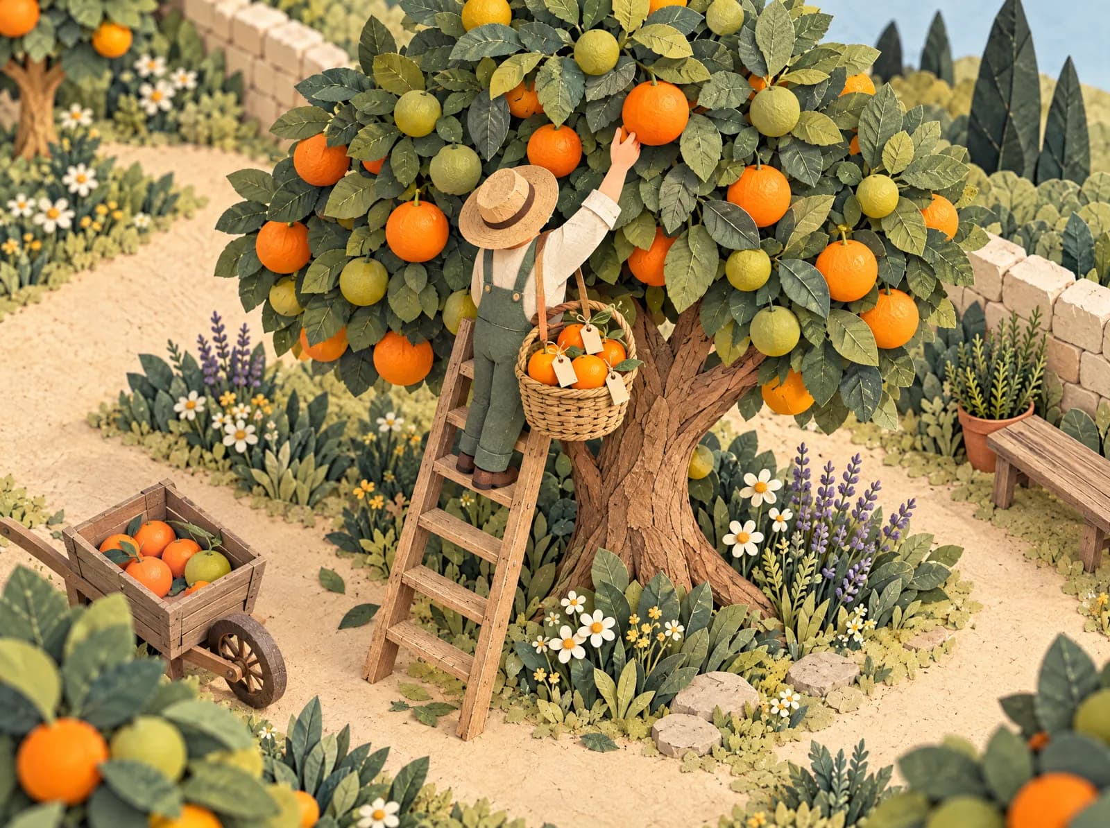 A cut-paper picker on a ladder taking only the ripe oranges into a tagged basket, leaving the green ones on the tree