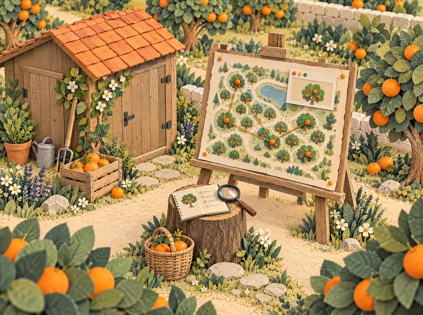 A cut-paper garden shed beside an easel holding a map of the orchard, with pins and strings linking the trees worth picking, and a notebook and magnifying glass on a stump