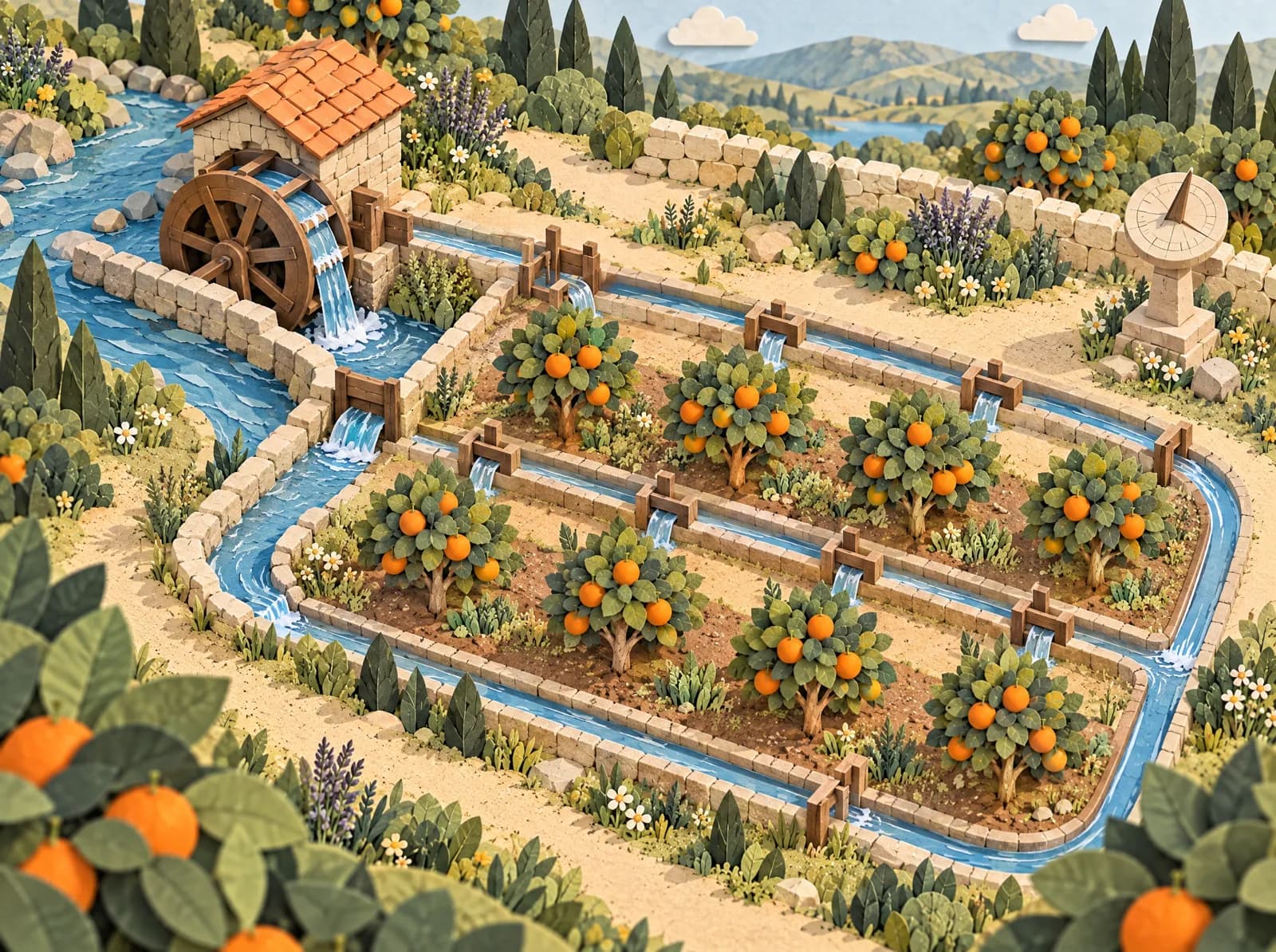 A cut-paper water wheel feeding channels that loop back as they water rows of young orange trees, beside a sundial