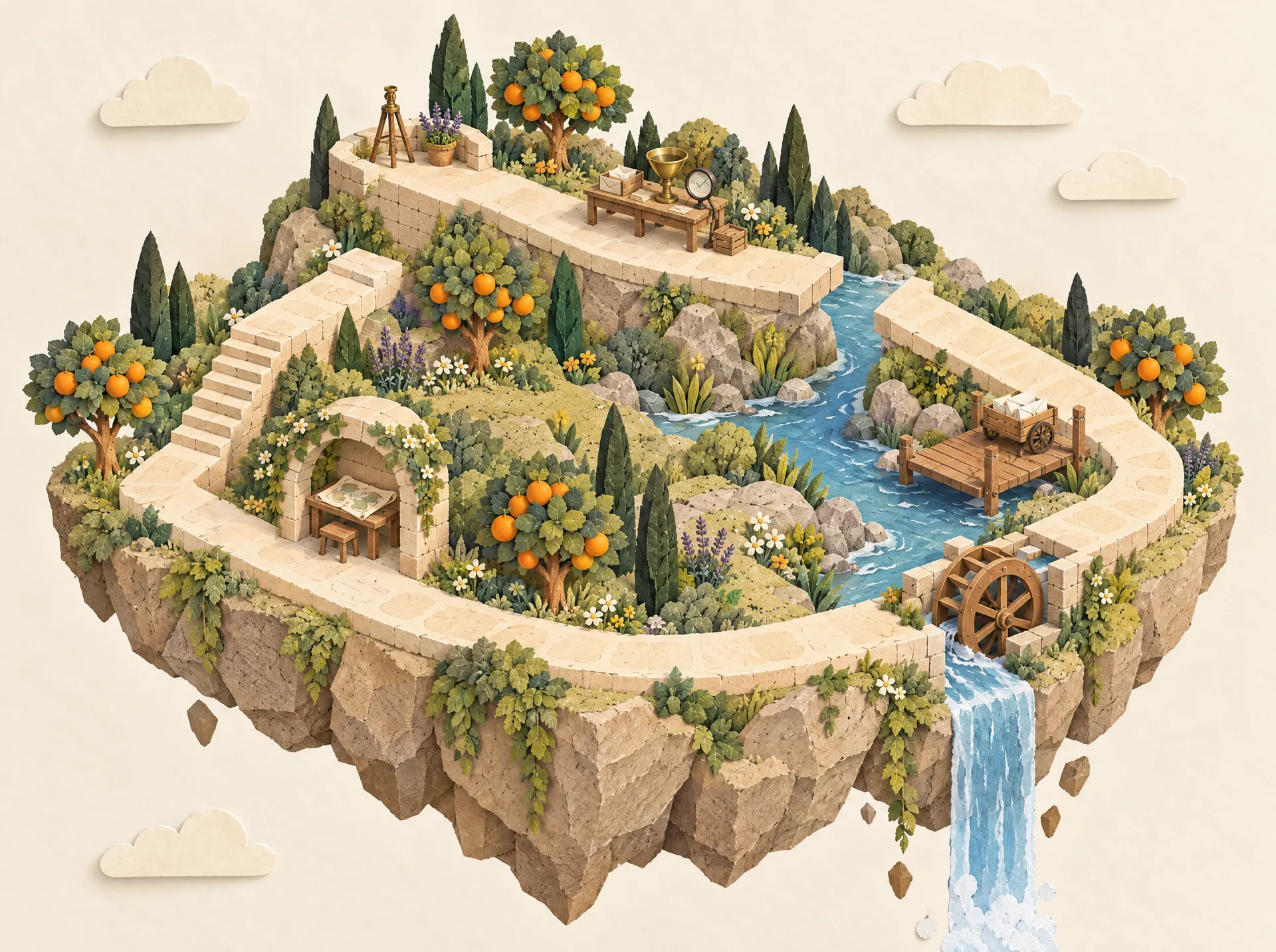 A cut-paper floating island: a reading nook with a potted orange tree, a telescope terrace, a sorting table with a fruit press, a dock with a paper boat and a water wheel, joined by one stone walkway.