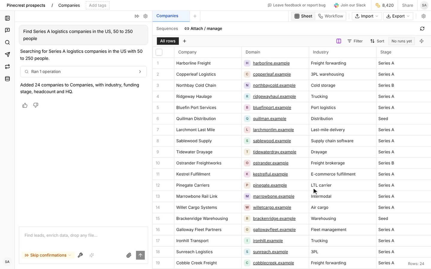 One sentence in the chat becomes a sheet of 24 companies, with domain, industry and funding stage.